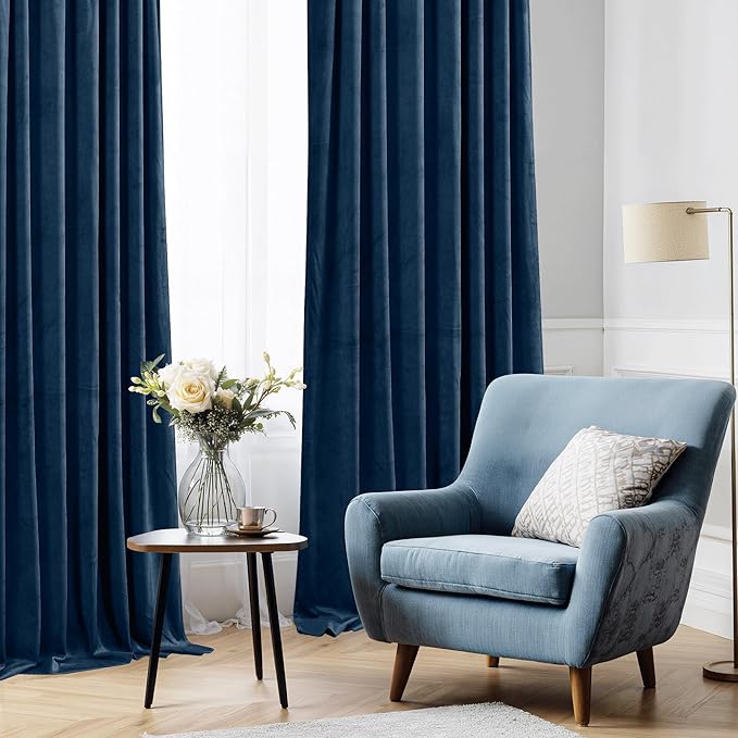 StangH 96 inches Velvet Curtains Navy Blue Blackout Noise Reducing Drapes for Home Theater Studio, Privacy Protect Window Treatment for Bedroom/Dining Room, W62 x L96, 2 Panels