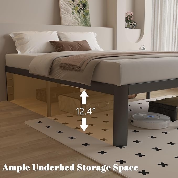 Full Size Bed Frame 14 Inch Black, Metal Bed Frame Full with Gaskets, No Box Spring Needed, Heavy Duty Steel Platform Supprt, Rounded Corner Design, Reserved Holes, Noise Free, Easy Assembly