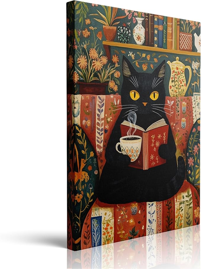 Pveror Reading Black Cat Canvas Wall Art Whimsical Animal Illustration Cozy Coffee Book Scene Vintage Folk Art Style Cottagecore Home Decor For Living Room Bedroom Study Library Gift 16x24 Inches