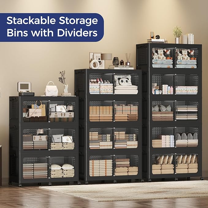 160GAL Storage Bins with Lid and Wheels, Stackable Closet Organizers and Storage Drawer, Collapsible Storage Box with Dividers, Foldable Plastic Cabinets for Room, Kitchen, 4 Pack Black