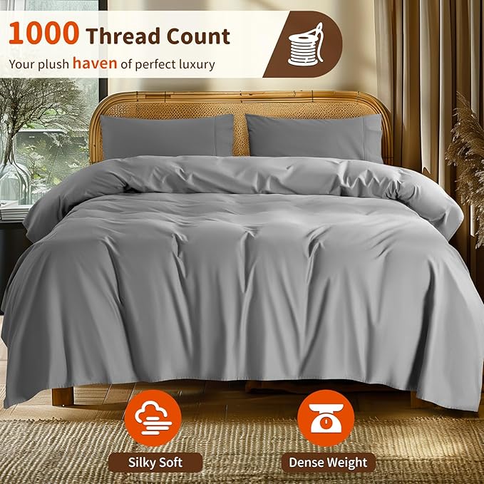 LBRO2M 100% Cotton Sheets Set Deep Pocket 24", 1000 Thread Count Full Size 4 Piece Bed Sheet Sets Soft Comfortable Bedding All Season (Full, Gray)