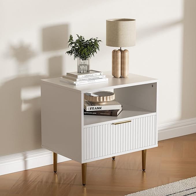 White Nightstand Set of 2, Modern Nightstand with Drawer, End Table with Storage, Bed Side Table with Open Space for Bedroom, Living Room, White