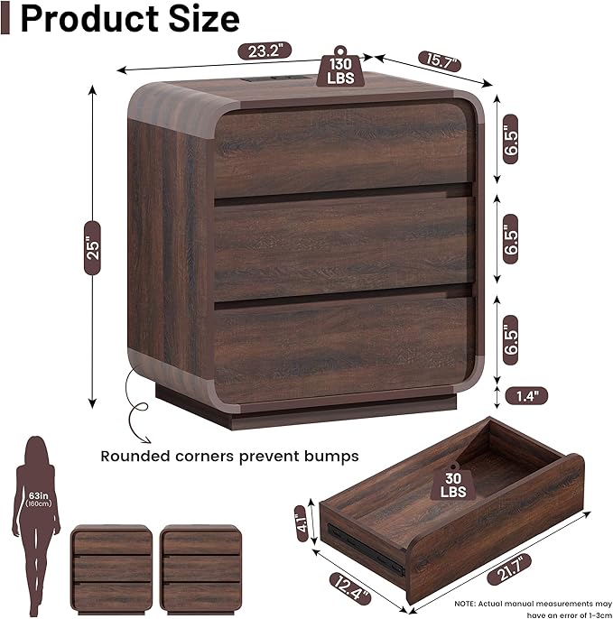 Walnut Nightstand with Charging Station, Modern Curved End Table with 3 Drawers, 25" Tall Wood Bedside Table, Mid Century Night Stand for Bedroom, Dorm, Sofa, Office
