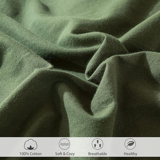 MooMee Fitted Bottom Sheet Only 100% Washed Cotton Linen Like Textured Breathable Durable Soft Comfy Deep Pocket Fits Mattress up to 17" (Olive Green, California King)