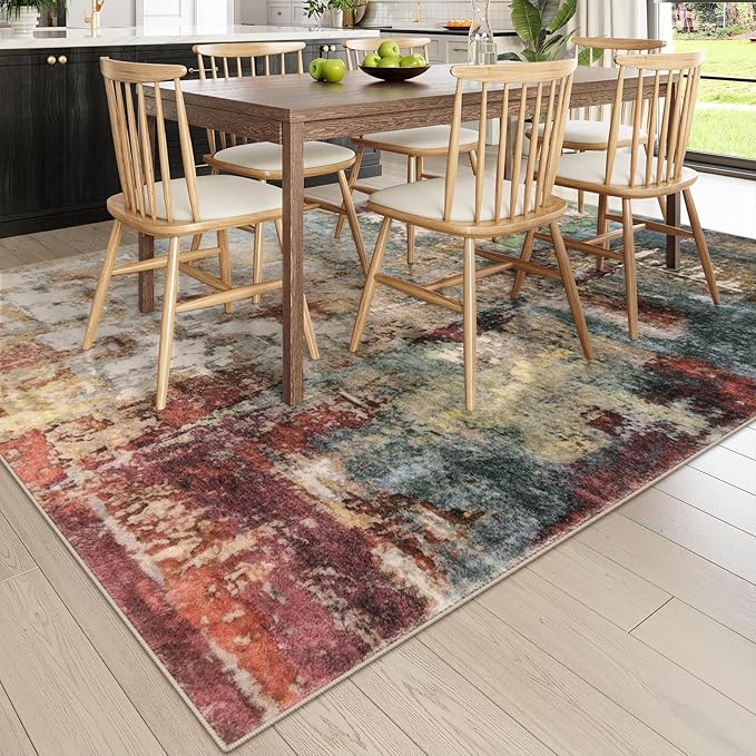 Lahome Modern Abstract Living Room Rug 8x10, Washable 8x10 Area Rugs for Bedroom Stain Resistant Non Slip, Large Red Soft Indoor Carpet for Dining Room Table Home Decor