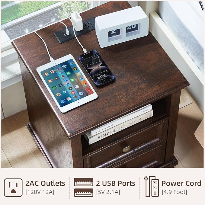 SAVOR LIFE Farmhouse Nightstand Set of 2 with Charging Station, Rustic Brown Nightstand, 2 Drawers End Table, Bedside Table with Open Shelf for Bedroom, Walnut