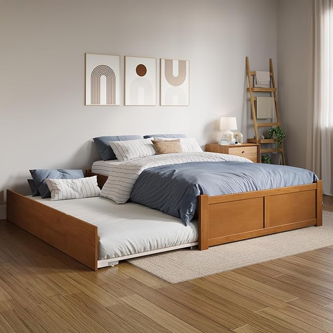 AFI Concord Full Solid Wood Platform Bed with Footboard & Twin Trundle in Light Toffee