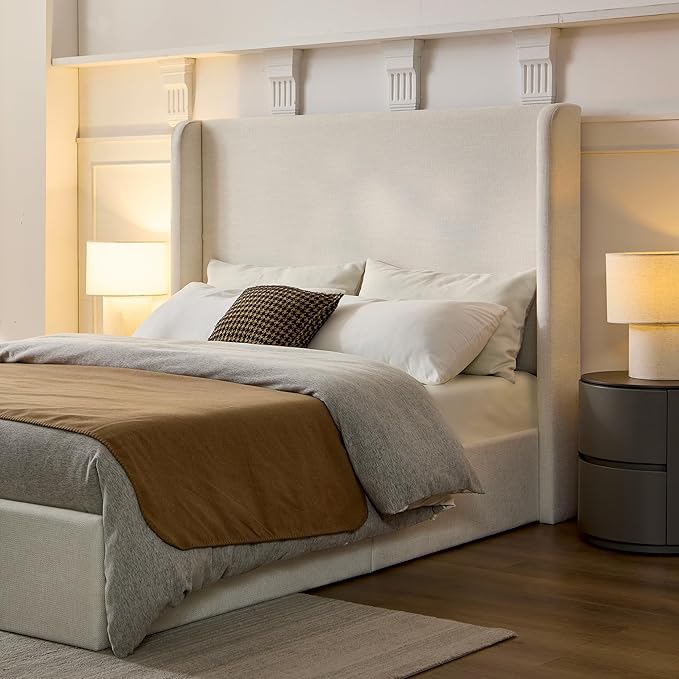 Upholstered Bed Frame King Size, 52.3" High Headboard Platform Beds Caron Tall Wingback Bed Frames, Box Spring Request/No Noise/Simplicity Minimalist, Textured Ivory Canvas Chenille