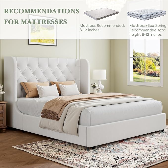 HOMBCK Full Size Bed Frame, White Upholstered Platform Bed Frame with Headboard, Velvet Tufted, Curved Wingback Design, Wooden Slats, No Box Spring, Noise Free, Easy Assembly