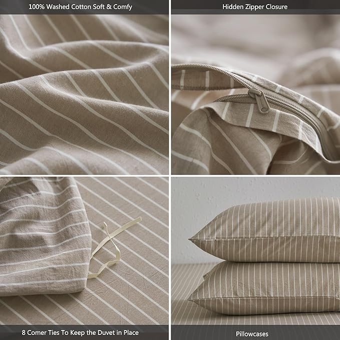 MooMee Striped Duvet Cover Set 100% Washed Cotton Linen Like Textured Breathable Durable Soft Comfy (Tannish Linen Grey White Wide Stripes, Full 80"x90")