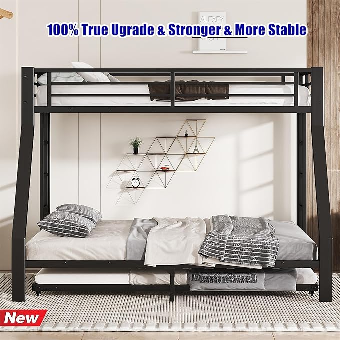 Upgraded & Stronger Heavy Duty Metal Twin XL Over Queen Bunk Bed with Twin Size Trundle for Adults & Teens, Thickened More Stable Safer Bunkbeds (Greater Weight Capacity)
