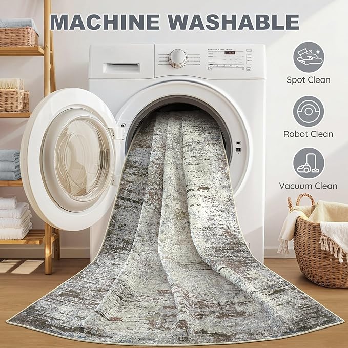 Area Rug Living Room Rugs - 6x9 Washable Large Soft Indoor Neutral Modern Abstract Low Pile Rug Carpet for Bedroom Dining Room Farmhouse Home Office - Brown Rust