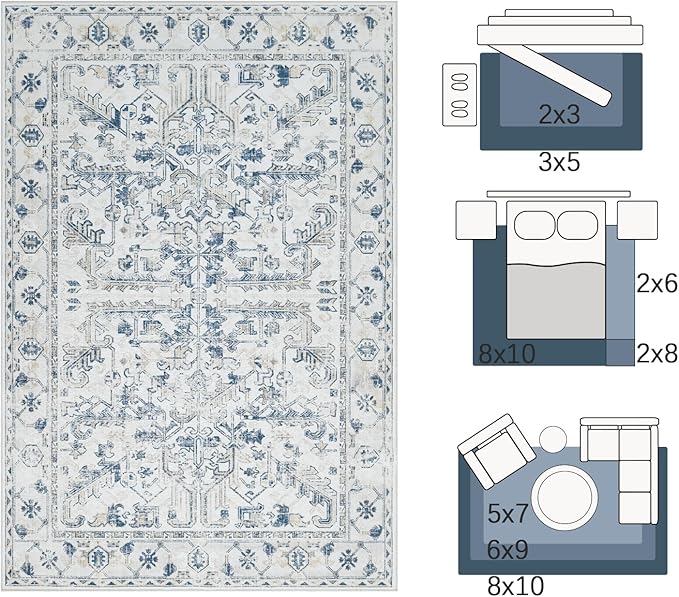 jinchan Lima 2x3 Washable Rug for Entryway - Vintage Floral Ultra-Thin Low Pile Soft Small Non Slip Distressed Indoor Door mat Accent Area Rug for Entrance Kitchen Bathroom Bedroom (2x3ft, Blue)