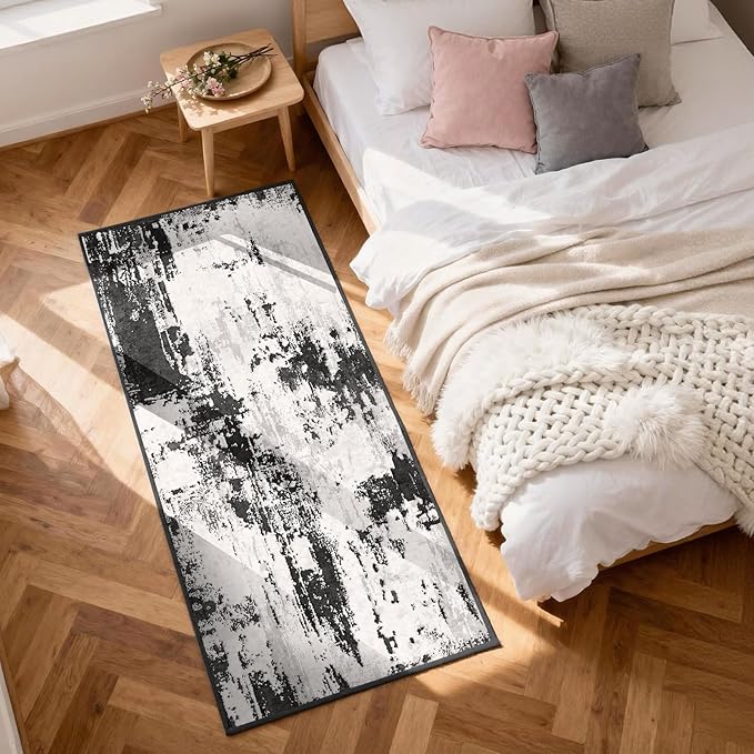 3x6 Kitchen Hallway Runner Rug: Long Washable Rug Runner Non-Slip Indoor Abstract Rugs - Low Pile Soft Floor Runners for Bedroom Living Room Dining Entryway Bathroom Laundry Black White 3x6