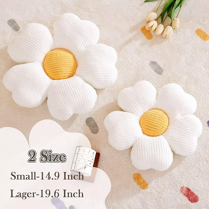 Kcvvcr Flower Throw Pillow, Cute Flower Shaped Pillow Decorative Throw Pillow for Bed Couch, Soft Daisy Pillows Floor Seating Cushion Cushions (14.9 Inch White+Yellow)