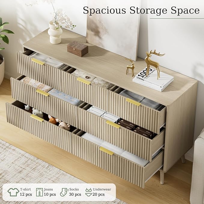 LYNSOM 55" Wide Fluted Dresser for Bedroom with 7 Drawer, Modern Chest of Drawers with Curved Profile Design and Metal Handles, Wood Dresser TV Stand & Storage Organizer for Living Room, Beige