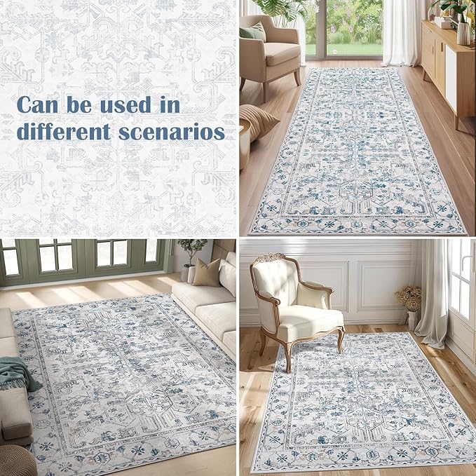 jinchan Lima Kitchen Runner Rug 2x8 - Vintage Floral Machine Washable Non-Slip Hallway Runner Rug with Rubber Backing Ultra-Thin Carpet for Bedroom Laundry Room Farmhouse (2x8ft, Blue)
