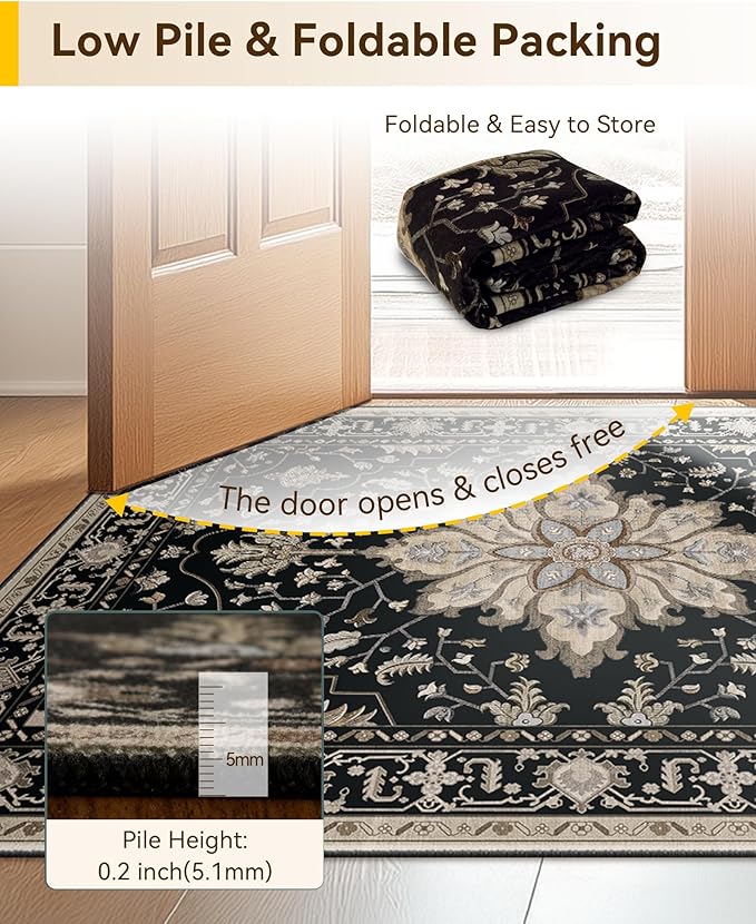 Area Rugs Square 10ft Washable Non-Slip, Floral Vintage Distress Print Pattern Medallion Carpet for Living Room Bedroom Dining Room, Black Brown Neutral Dark Tan