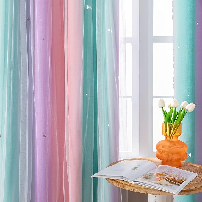 XiDi Curtains for Bedroom Decor, Rainbow Pink Purple Green 42/54/1
