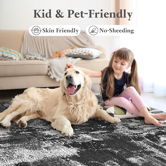 5x7 Area Rug Living Room Rugs - Machine Washable Neutral Abstract Rugs for Dinning Room Indoor Floor Non Silp Rug Carpet for Bedroom Home Office Decor - Black White