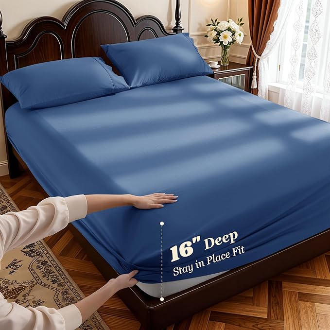 LBRO2M 1000 Thread Count 100% Cotton Sheets Set,Queen Size Bed Sheet 4 Piece Sets,Long Staple,16 Inches Deep Pocket,All Season,Bedding Super Soft Comforterble Breathable,Sateen(Navy Blue)