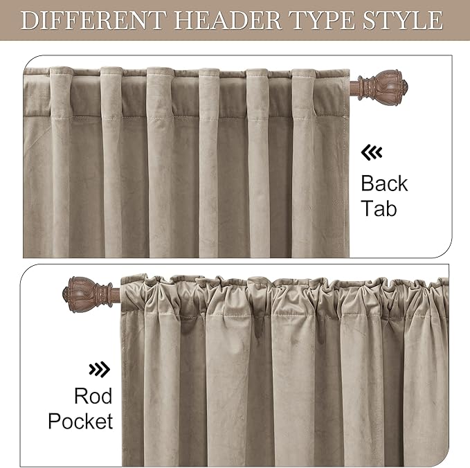 RYB Home Farmhouse Curtains Elegant Velvet, Room Darkening Privacy Shades as Window Treatment Thermal Curtains for Dining Living Room Bedroom, Camel Beige, W52 x L96 inches, Set of 2