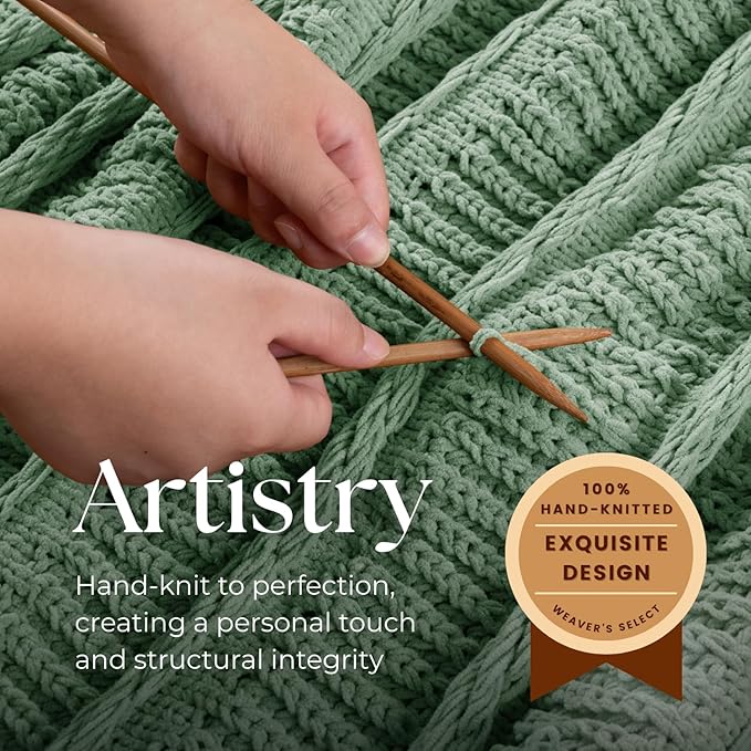 Boho Knitted Chenille Blanket with Tassels - Lightweight & Soft All-Season Throw - 3D Classic Pattern for Living Room Bedroom Couch, Sage Green, Queen 90"x90"