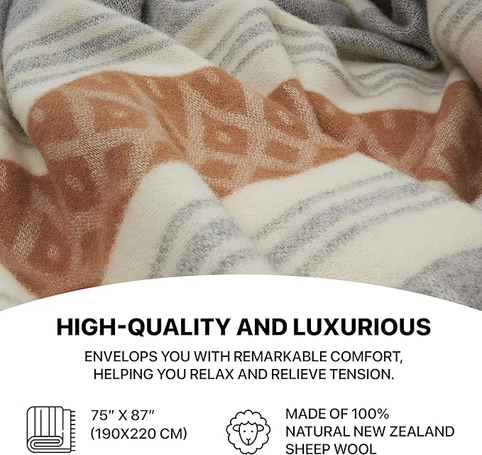 | Wool Blanket/Throw | 100% New Zealand Wool | Perfect for Home and Outdoors | Virgin Wool Throw with Fringes 75"x87" (190 x 220 cm)