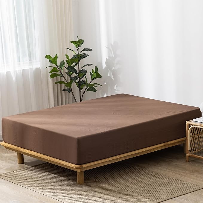 MooMee Fitted Bottom Sheet Only 100% Washed Cotton Linen Like Textured Breathable Durable Soft Comfy Deep Pocket Fits Mattress up to 17" (Cocoa Brown, Queen)