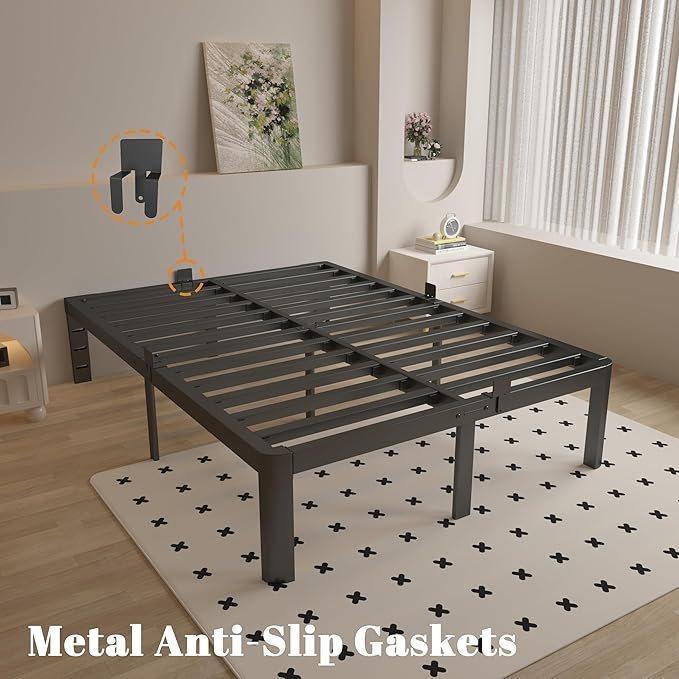 Full Size Bed Frame 14 Inch Black, Metal Bed Frame Full with Gaskets, No Box Spring Needed, Heavy Duty Steel Platform Supprt, Rounded Corner Design, Reserved Holes, Noise Free, Easy Assembly