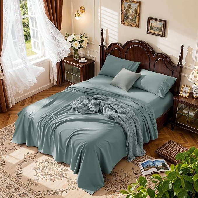 LBRO2M 1000 Thread Count 100% Egyptian Cotton Sheets Set Full Size, 4 Piece Sets Bed Sheet Deep Pocket Sheet Set 16" Soft Comfortable All Season (Full, Sage Green)
