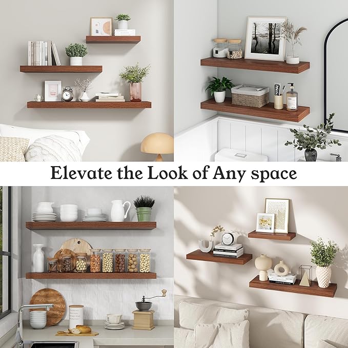 Floating Shelves for Wall, 9.3" Deep Wall Mounted Wood Shelves for Bathroom, Bedroom, Living Room, Kitchen, Hanging Shelf for Books/Storage/Room Decor (Walnut, 30")