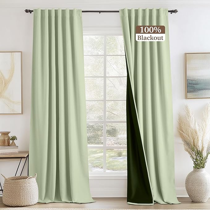 RYB HOME Sage Green Velvet Chenille Curtains 84 Inches for Bedroom Living Room Office, 100% Blackout Thermal Insulated Soundproof Window Curtains & Drapes with Back Tab, W52 x L84, 2 Panels