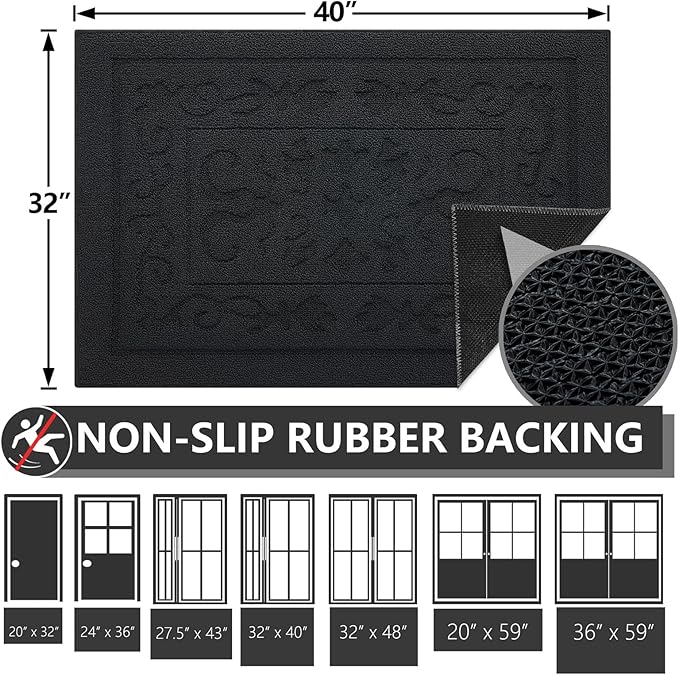 FONEYI Indoor Door Mat, Front Back Door Mat 32" x 40" Non-Slip Rubber Backing Door Rug, Machine Washable Entry Rug, Low Profile Absorbent Dirt Trapper Doormat Inside Floor Mats for Entryway, Black