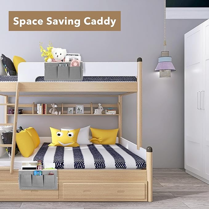 Kanrichu Bedside Caddy Storage Organizer - 2pcs Hanging Bag Holder with Pockets for Bedroom, Loft, Tent, Curtain, Bunk bed Shelf Accessories (Gray)