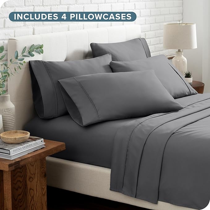 Bare Home Hotel Luxury Split Queen Sheet Set, Extra Soft, 7 Piece Set, Deep Pockets, Easy Fit, Cooling & Breathable, Wrinkle, Fade, Stain Resistant, Includes 4 Pillowcases (Split Queen, Grey)