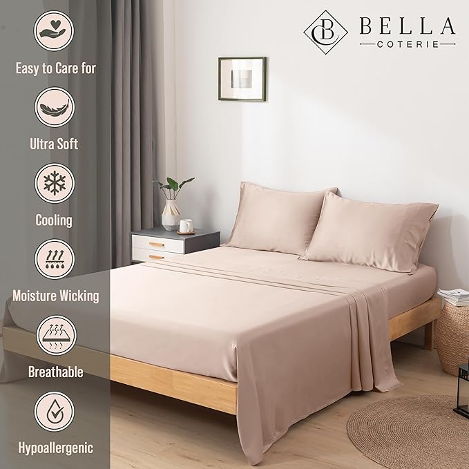Bella Coterie Luxury Bamboo Viscose Cal King Size Sheet Set | 100% Organically Grown | Ultra Soft | Cooling for Hot Sleepers | 18" Deep Pocket [Dusty Rose]