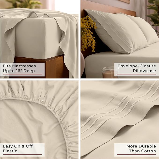 Mellanni Twin XL Sheet Set - 4-Piece Iconic Collection Bedding, (Including 2 Pillowcases), 16-Inch Deep Pocket, Easy Care, Extra Soft, Cooling Sheets, Brushed Microfiber - Beige
