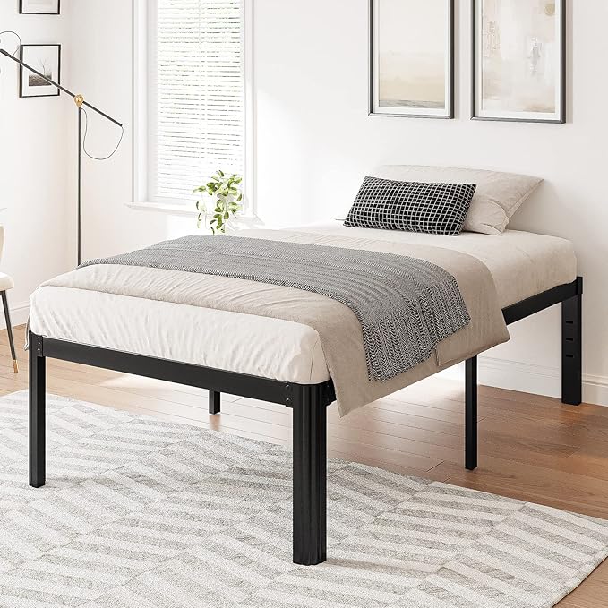 Hunlostten 16" Heavy Duty Twin Bed Frame No Box Spring Needed, Metal Platform Bed Frame Twin with Round Corners, Easy Assembly, Noise Free, Black