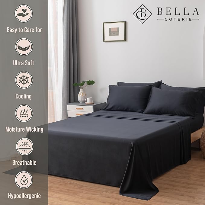 Bella Coterie 6 Piece Luxury Bamboo Viscose California King Size Sheet Set | 100% Organically Grown | Cooling for Hot Sleepers | 18" Deep Pocket | Soft & Hypoallergenic | 4 Pillowcases [Black]