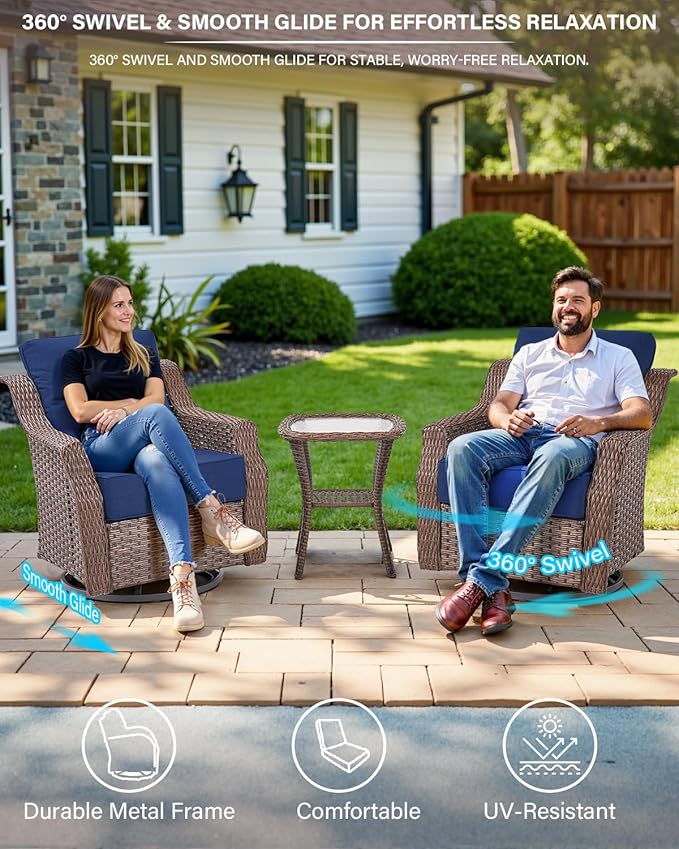 Belord Luxurious 7 Piece Patio Furniture Set with Fire Pit Table, High Back Swivel Rocker Glider Outdoor Chairs with 6" Blue Cushion, All-Weather Patio Conversation Set for Yard Garden Brown Wicker