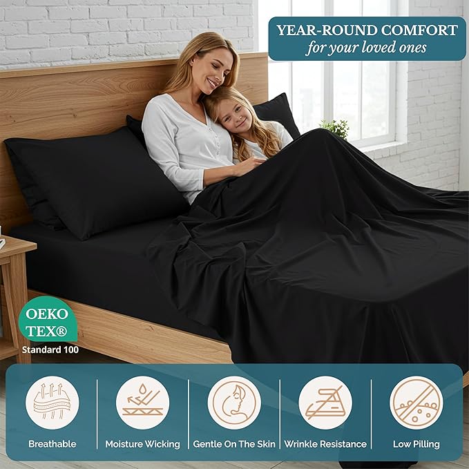 Casa Platino Ultra Soft Microfiber Bedding, Full Size Sheet Set with 15 inch Deep Pockets - Black