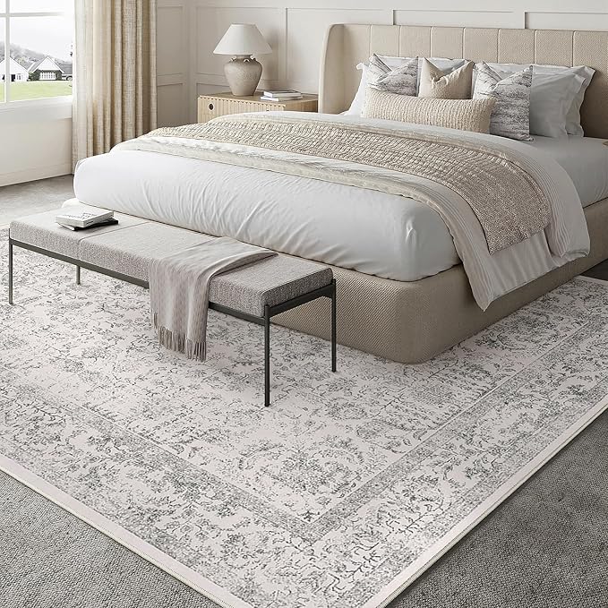 Gray Area Rug 7x9 Machine Washable Vintage Living Room Distressed Non Slip Carpet Traditional Indoor Bedroom Grey Retro Floral Accent Throw Large Rug for Office Kitchen Dining Room