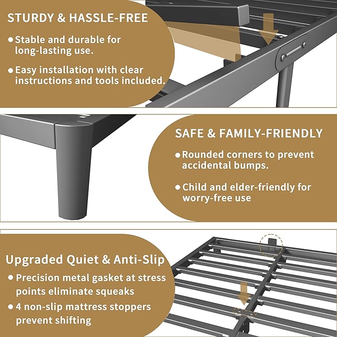 ITIMIDI 4 Inch King Size Bed Frame with Metal Gaskets, Platform Bed Frame No Box Spring Needed, Heavy Duty Steel Slat Support, Easy Assembly, Anti-Slip Mattress Stopper, Black