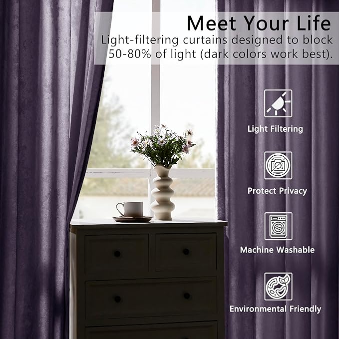 SMILETIME Lilac Purple Crushed Velvet Curtains 52x108inch Rod Pocket Luxurious Thermal Insulated Soundproof Drapes Soft and Durable Light-Filtering Window Treatments for Living Room Bedroom, 2 Panels
