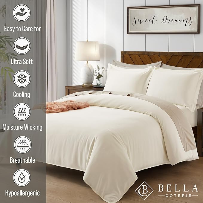 Bella Coterie Luxury Bamboo Viscose California King Size Duvet Cover Set | 100% Organically Grown | Corner Ties | Ultra Soft | Cooling | Two Pillow Shams | 106 x 94 | No Insert [Ivory]