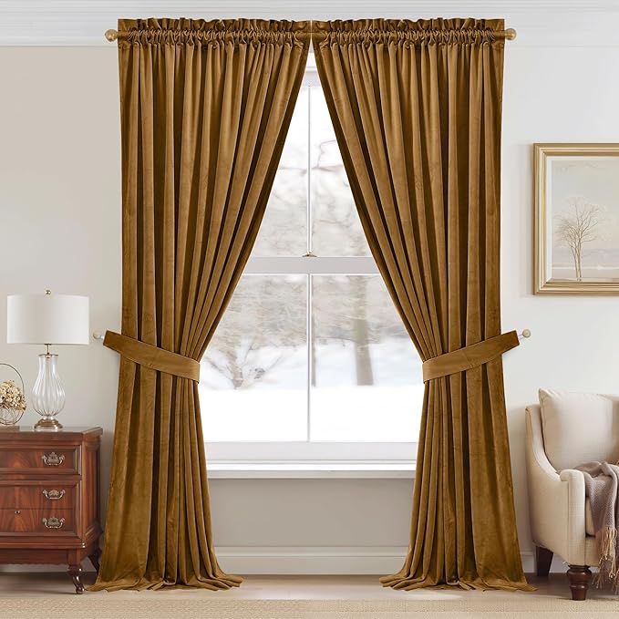 StangH Gold Brown Velvet Curtains for Bedroom, Autumn Curtains Blackout Room Darkening Thermal Insulated Window Drapes for Living Room/Office/Apartment/Bathroom, W52 x L84, 2 Panels