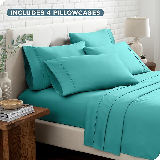 Bare Home Hotel Luxury Queen Sheet Set, Extra Soft - 6 Piece Set - Deep Pockets - Easy Fit - Cooling & Breathable - Wrinkle, Fade, Stain Resistant - Includes 4 Pillowcases (Queen, Turquoise)