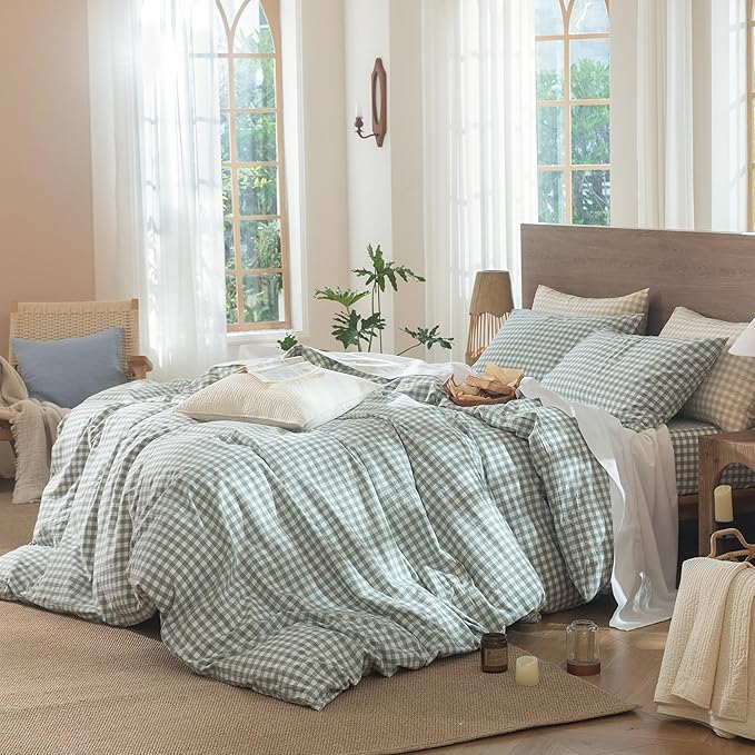 MooMee Gingham Duvet Cover Set 100% Washed Cotton Linen Like Textured Breathable Durable Soft Comfy Modern Checkered Design (Sage Green Gingham, Queen 90"x90")