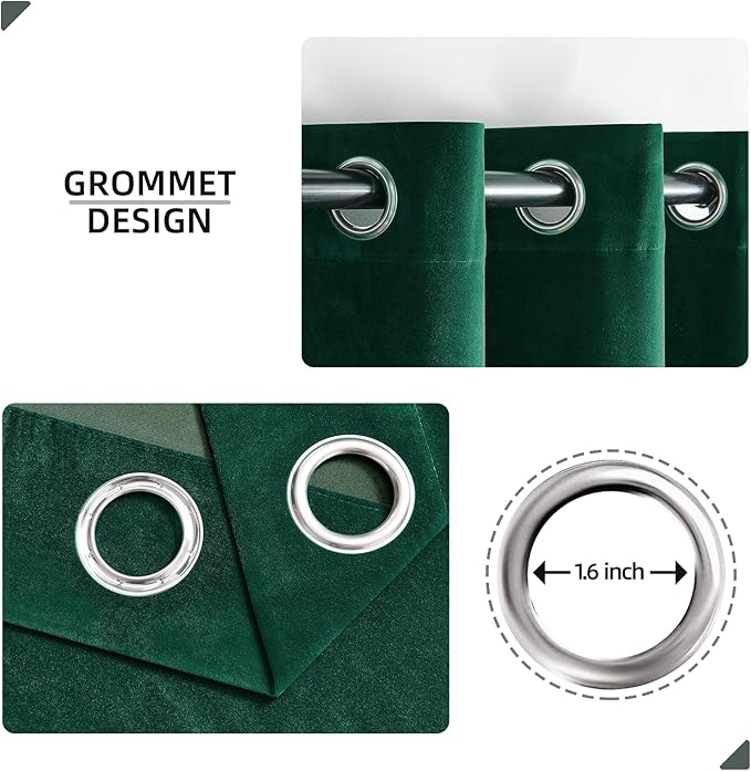 Joydeco Dark Green Velvet Curtains 72 Inches Long, Luxury Grommet Blackout Curtain 2 Panels, Thermal Insulated Privacy Room Darkening Window Drapes for Bedroom Living Room Home Theatre (52Wx72L)